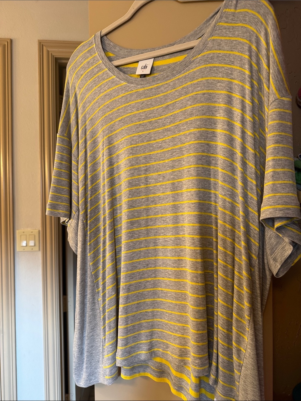 CAbi Gray Shirt with Yellow Stripes - Short Sleeve Knit